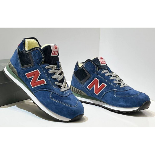 New Balance 574 Mid Blue Navy Red Suede с мехом