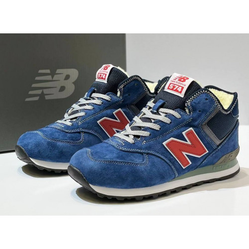 New Balance 574 Mid Blue Navy Red Suede с мехом